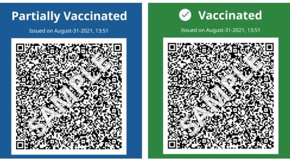 À gauche, un échantillon de la carte numérique d'une personne ayant reçu une dose du vaccin, à droite, celle d'une personne ayant reçu deux doses.