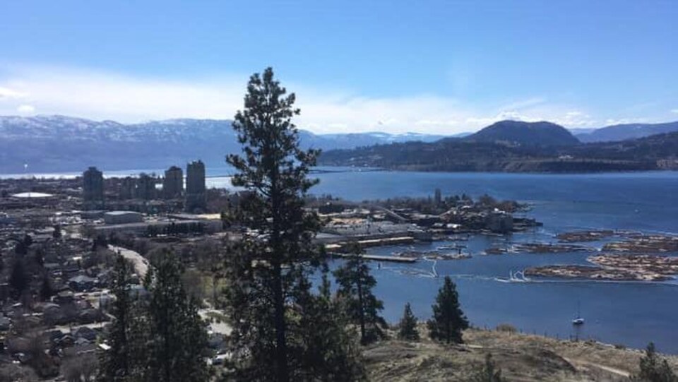 Vue de Kelowna et du lac Okanagan, avec des montagnes en arrière plan