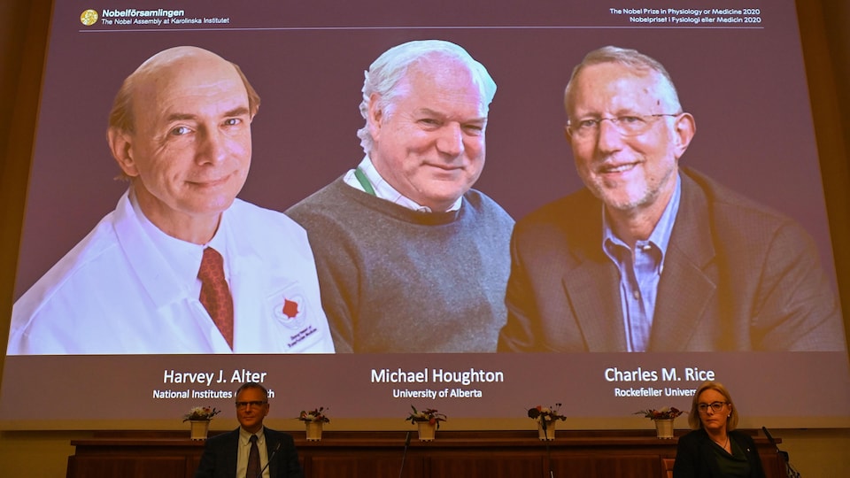 Les photos des trois hommes sont présentées sur un écran lors de l'annonce du prix.