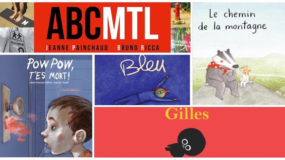 Montage des couvertures des livres ABCMTL, Le chemin de la montagne, Pow Pow t'es mort, Bleu et Gilles. 