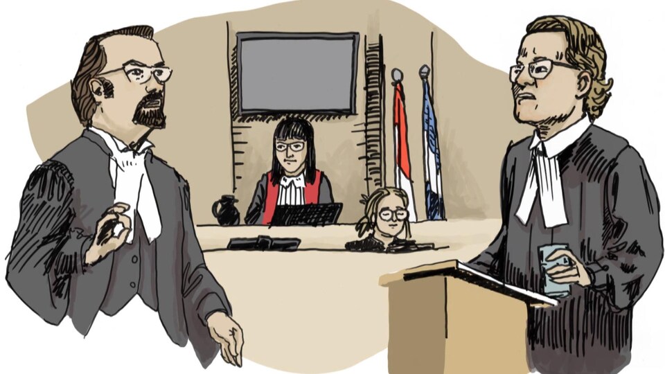 Sur le croquis, deux avocats semblent s'interpeller devant le juge.