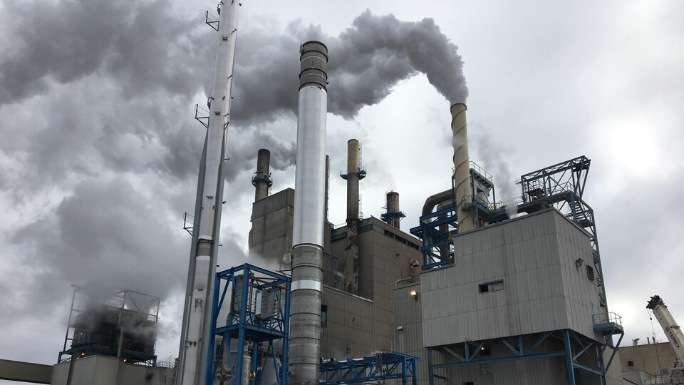 De grandes cheminées de l'usine évacuent de la fumée.