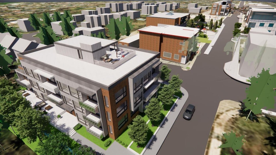 Représentation aérienne de l'immeuble à partir de la côte de Sillery. 