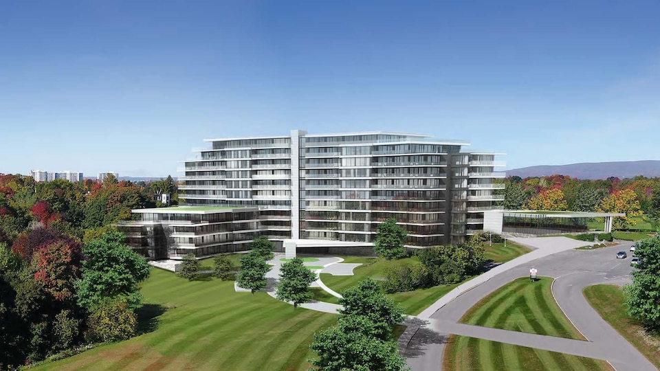 Image d'une tour de 10 étages avec une annexe de 4 étages construites sur le terrain de golf de Cap-Rouge.