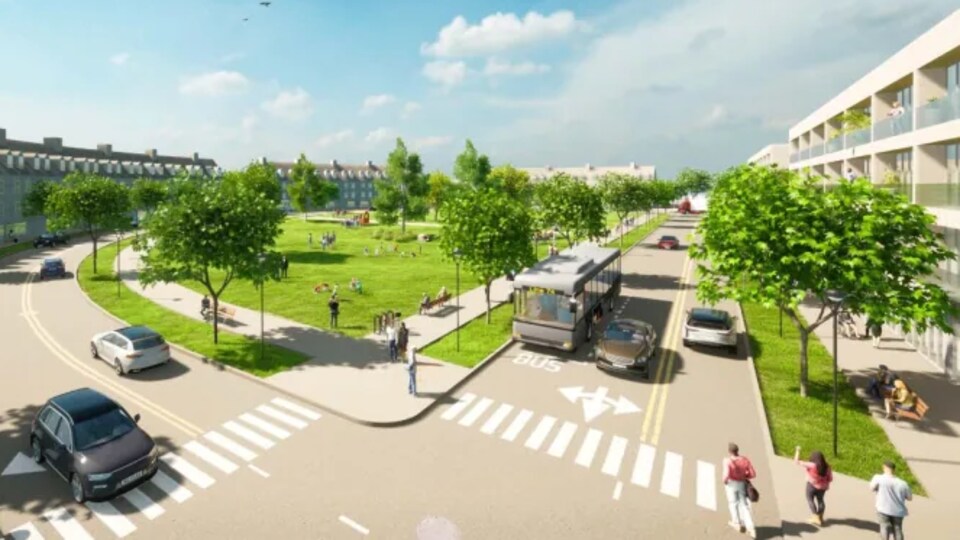 Une route en demi-cercle est bordée de logements.