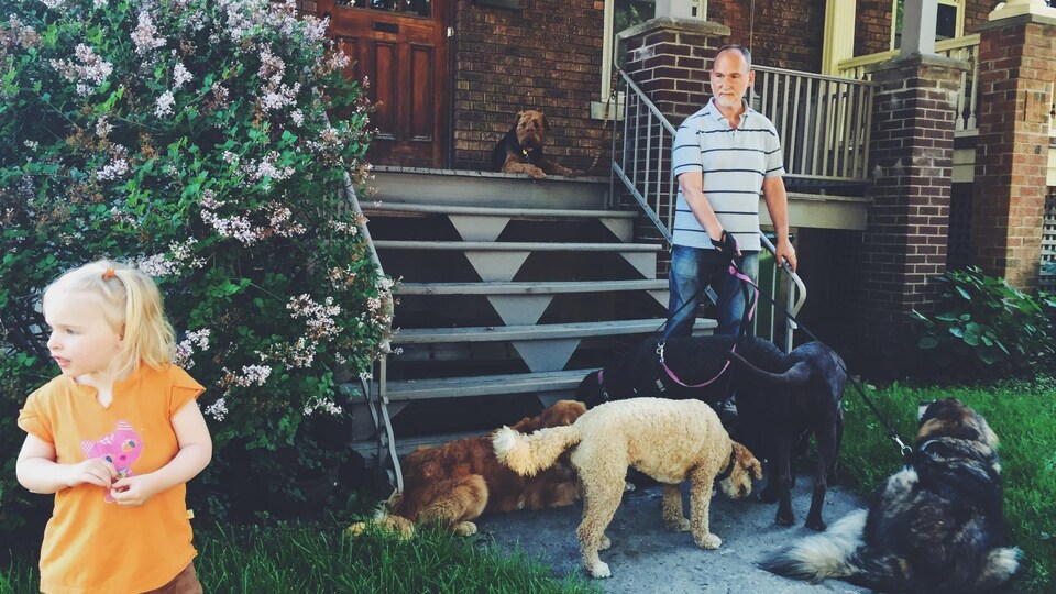 Une fillette se trouve aux côtés d'un homme qui tient cinq chiens en laisse.