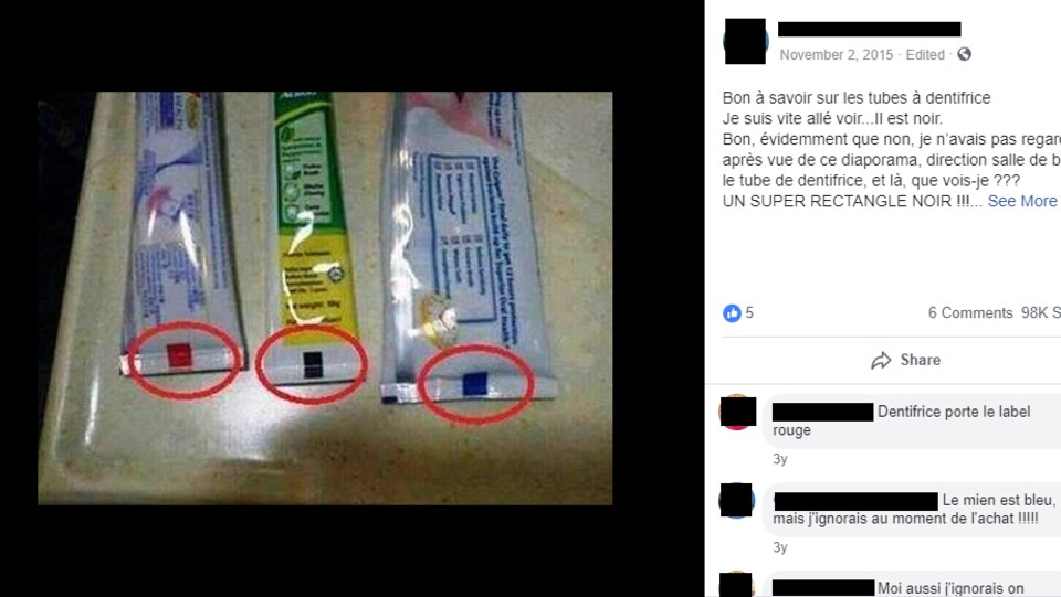 Capture d'écran d'une publication Facebook qui prétend que le rectangle de couleur au bas des tubes de dentifrice indique leur composition. 
