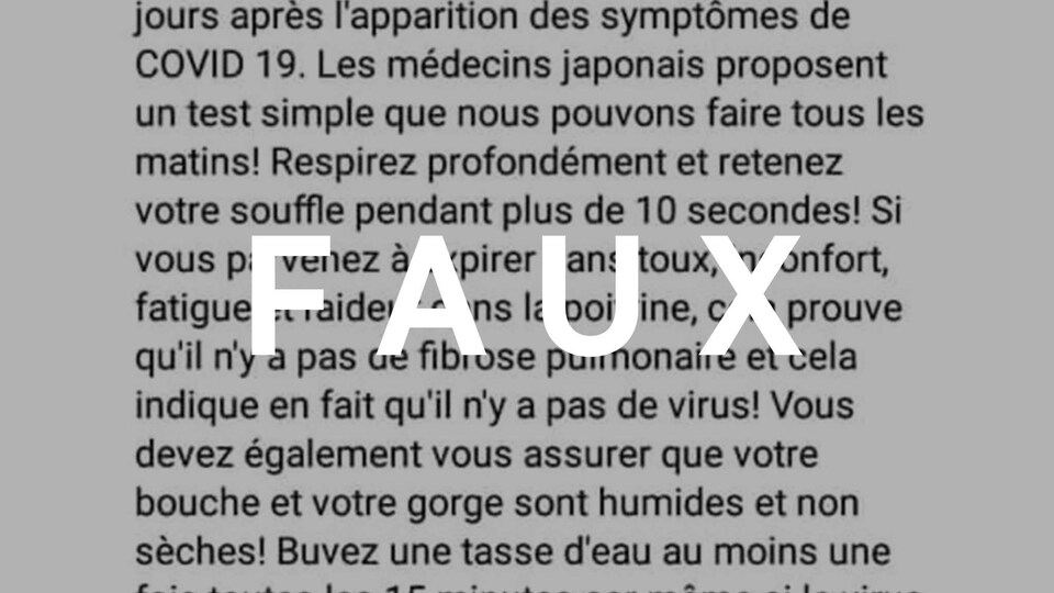 Un texte avec des présumés conseils sur le coronavirus, avec le mot FAUX sur le texte.