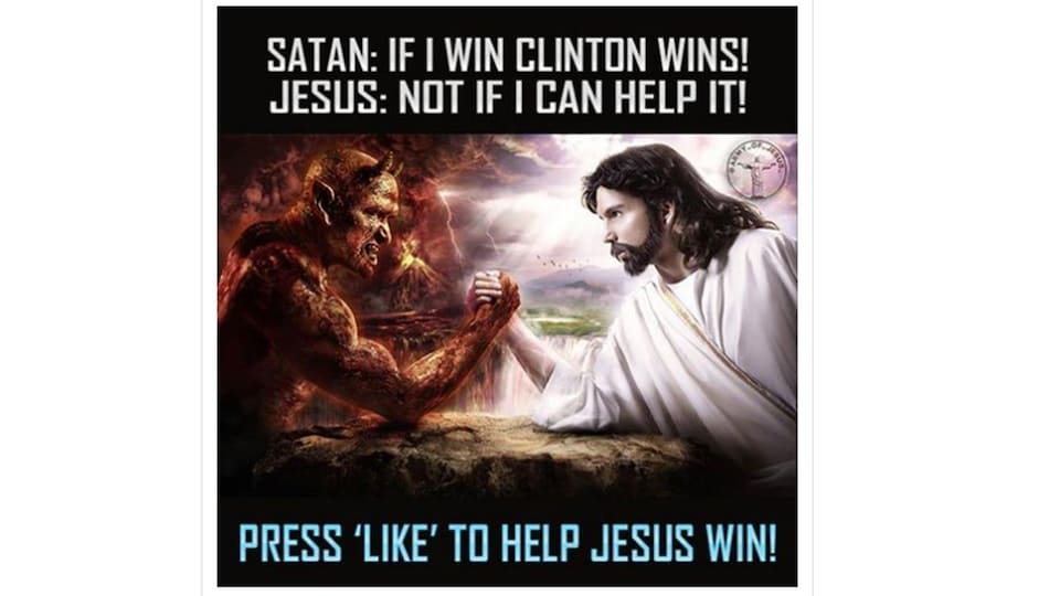 La publication affirme que Satan aimerait que Hillary Clinton remporte l'élection présidentielle, alors que Jésus s'y oppose.
