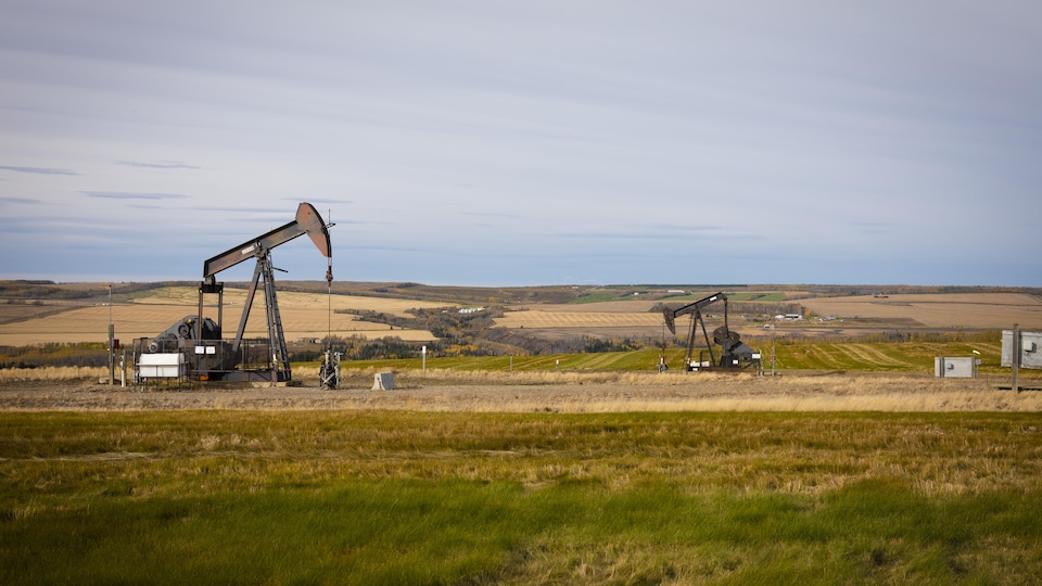 Deux puits de pétroles sur un terrain agricole.