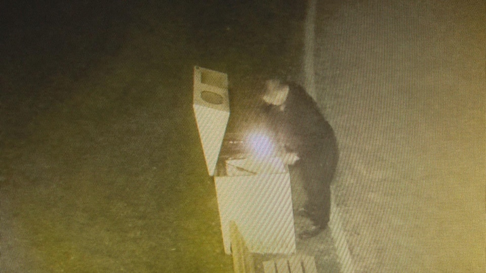 Un homme capté par une caméra de surveillance en train d'incendier une poubelle dans un parc.
