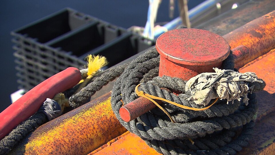 Une corde d'amarrage autour d'une borne de quai