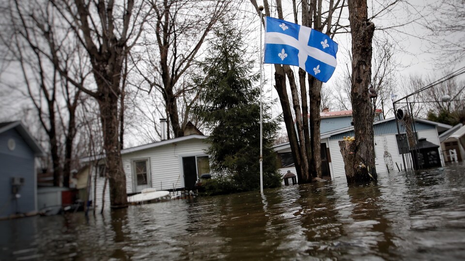 Un drapeau du Québec flotte sur un mât dans un quartier résidentiel complètement inondé.