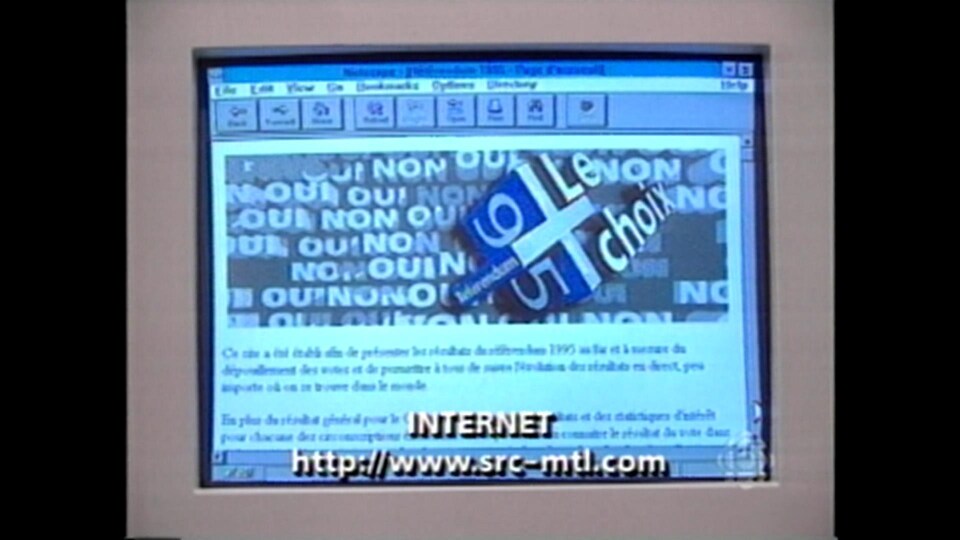 L'écran d'un vieil ordinateur affiche les mots « oui, non, un choix » et « INTERNET http://www.src-mtl.com ».