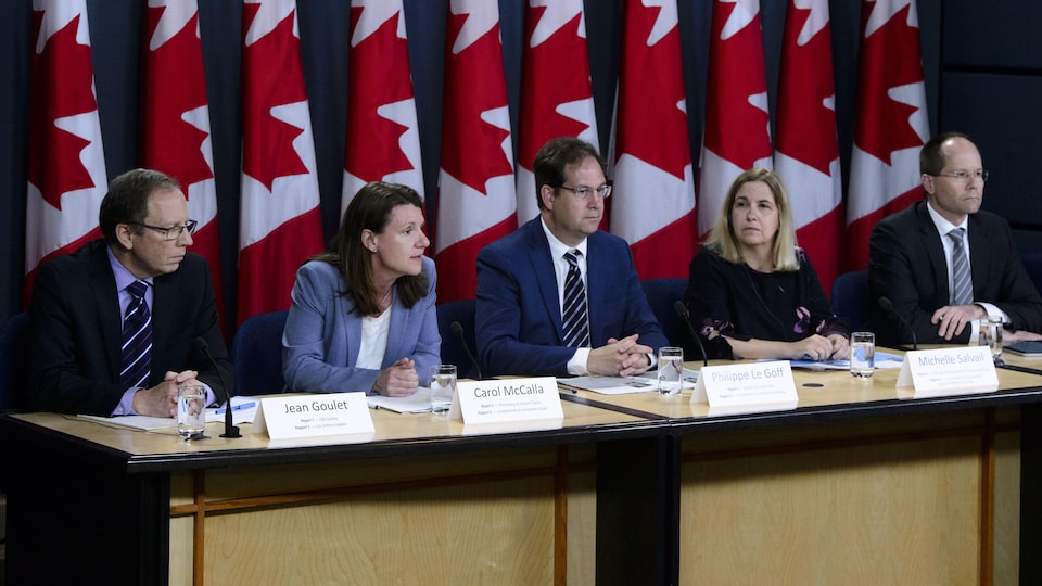 Cinq experts sont assis en rangée derrière une table lors d'une conférence de presse. 