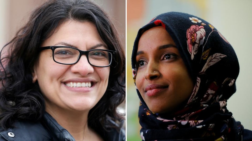 Photomontage de Rashida Tlaib et Ilhan Omar, toutes deux souriantes.