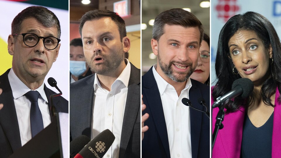 Montage de quatre photos de chefs de partis lors d'allocutions. De gauche à droite : Éric Duhaime, Paul St-Pierre Plamondon, Gabriel Nadeau-Dubois et Dominique Anglade.