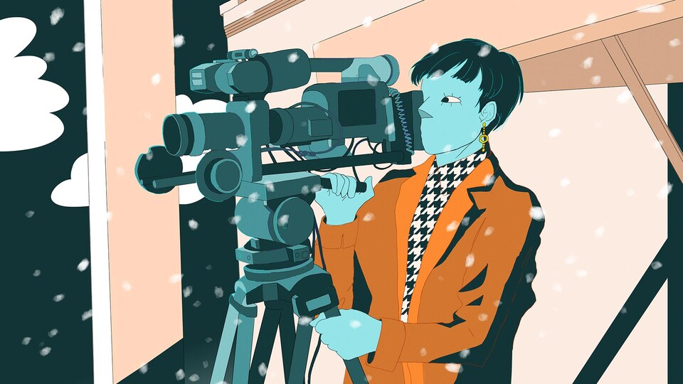 Une illustration montre une réalisatrice caméra à la main.