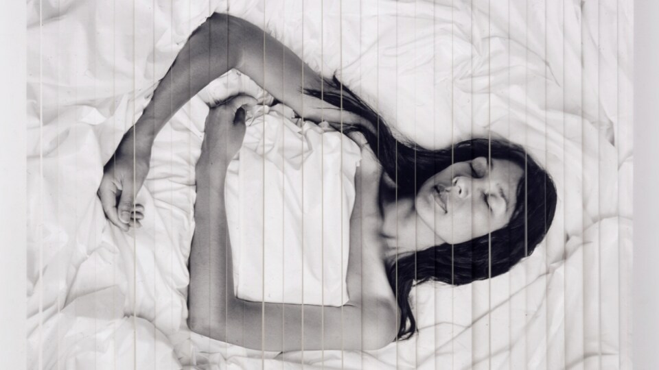 L'œuvre est constituée d'une photo en noir et blanc découpée en tranches. La photo représente une femme autochtone allongée sur un lit, les yeux fermés.
