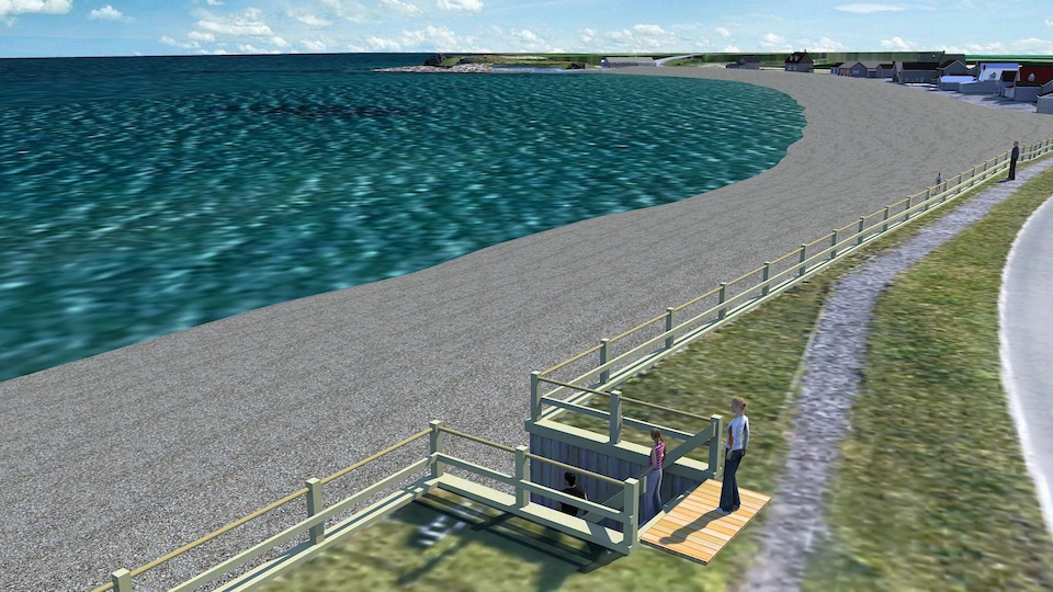 Une maquette montre une plage complètement rechargée sur toute sa longueur.