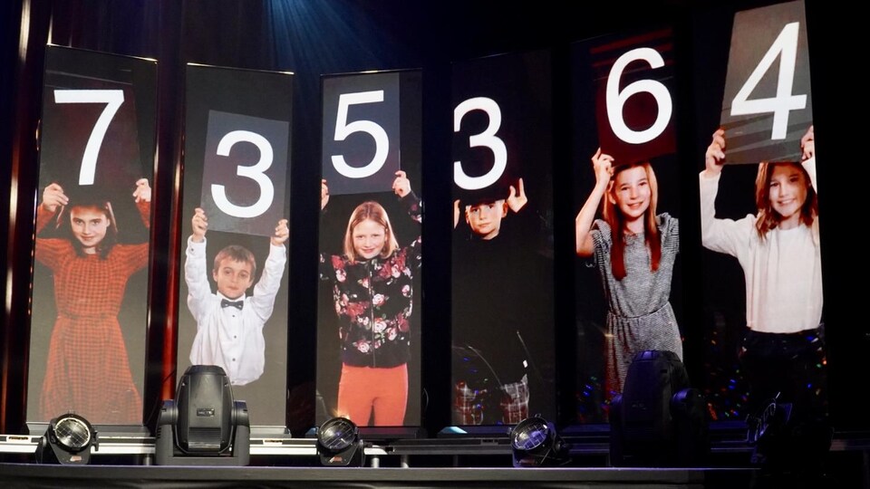 Six jeunes enfants tenant des cartons au bout de leur bras indiquant un chiffre.                          