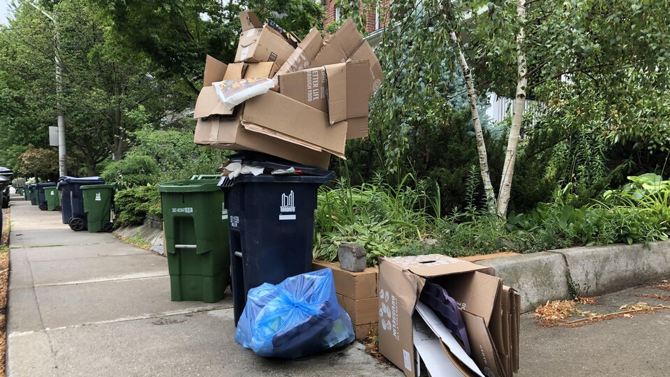 Un bac à recyclage très plein, un sac bleu et des boîtes de carton sur le trottoir un jour de cueillette.