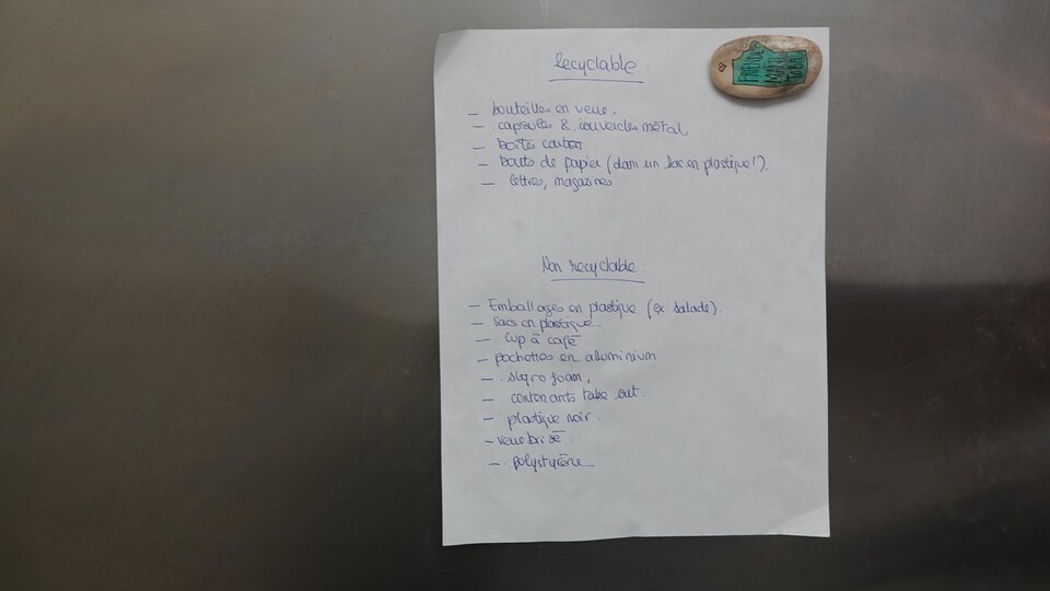 Une liste de choses qui se recyclent et qui ne se recyclent pas sur notre frigidaire.