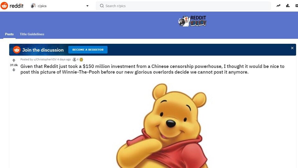 Publication Reddit où l'on peut voir une image de Winnie l'ourson.