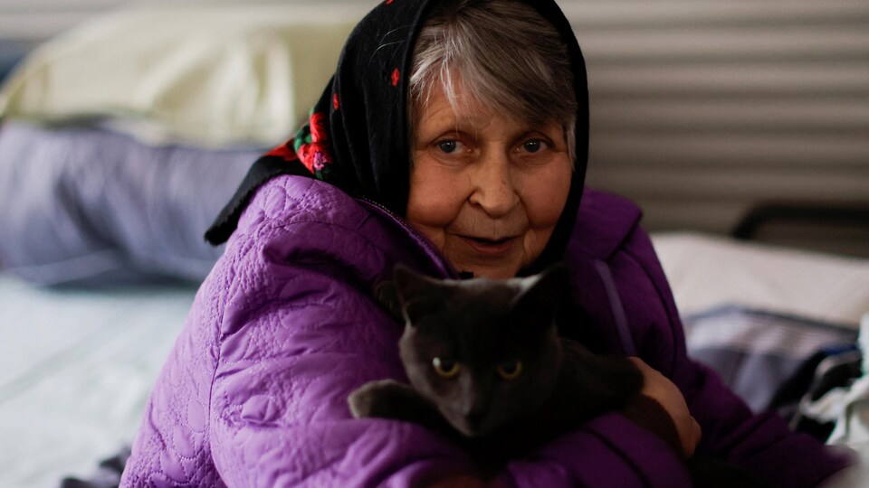 A woman is holding a cat in a building that has been turned into a temporary shelter. 