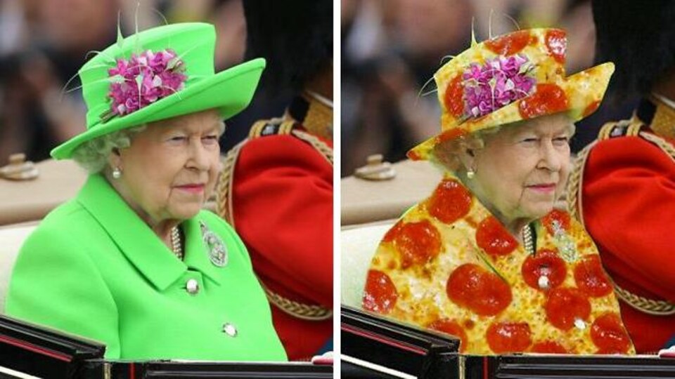 Montage de la reine avec son tailleur vert à gauche, et un tailleur pizza à droite. 