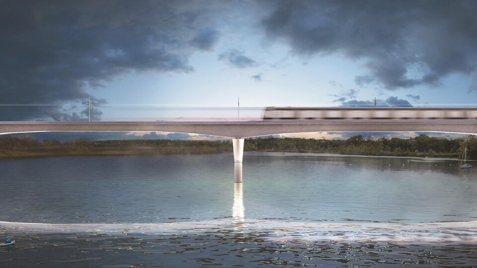 Une maquette du projet montrant un train qui passe au-dessus d'un cours d'eau.