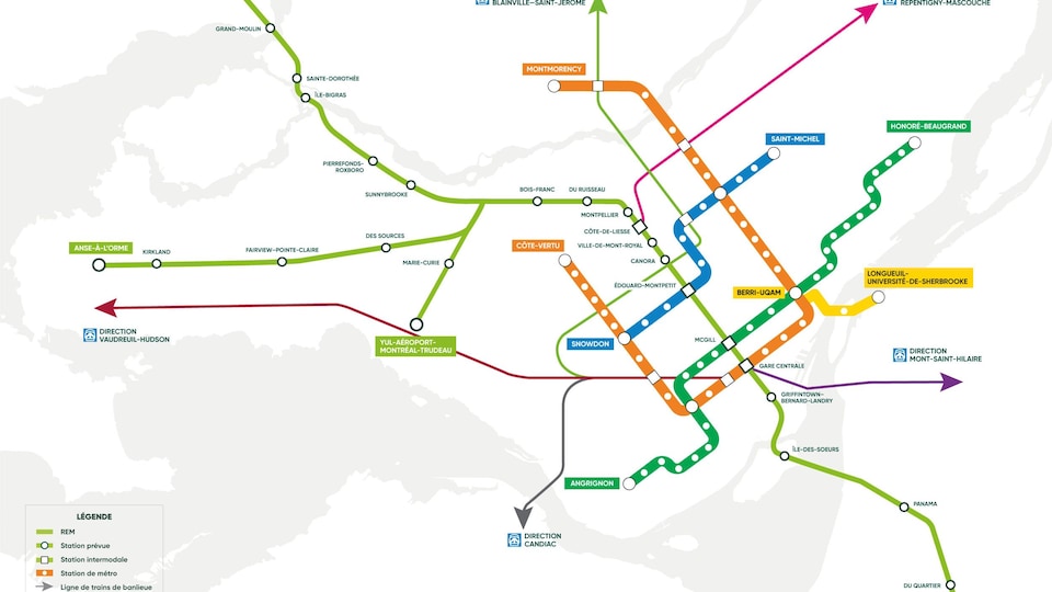 Carte représentant le tracé du REM et des lignes de métro