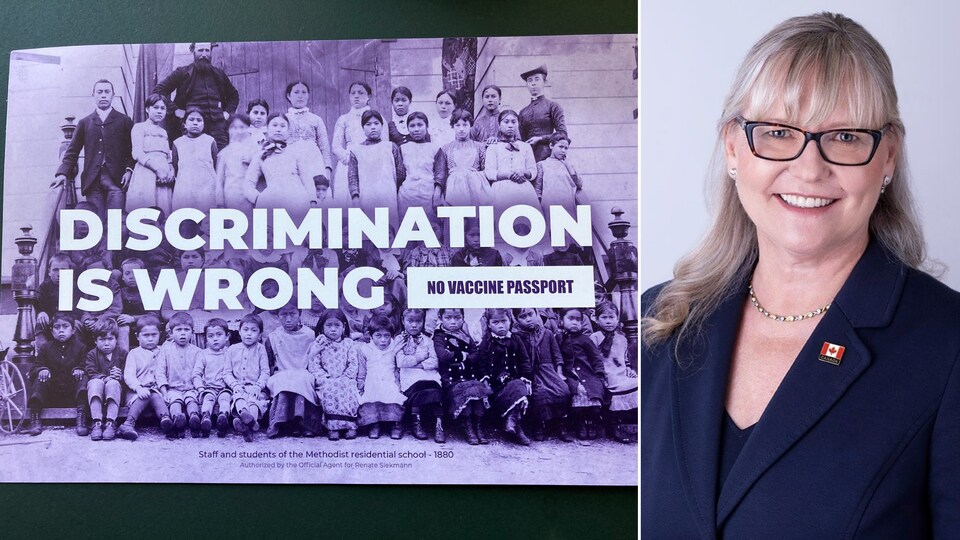 Montage avec Renate Siekmann à droite et une image de la brochure de campagne utilisée à gauche.