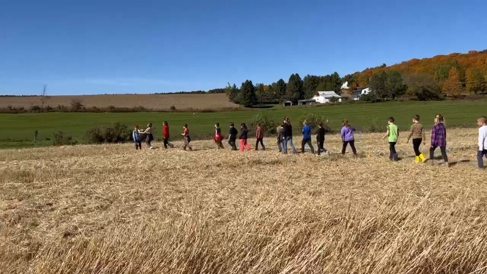 Des jeunes marchent dans un champ. 
