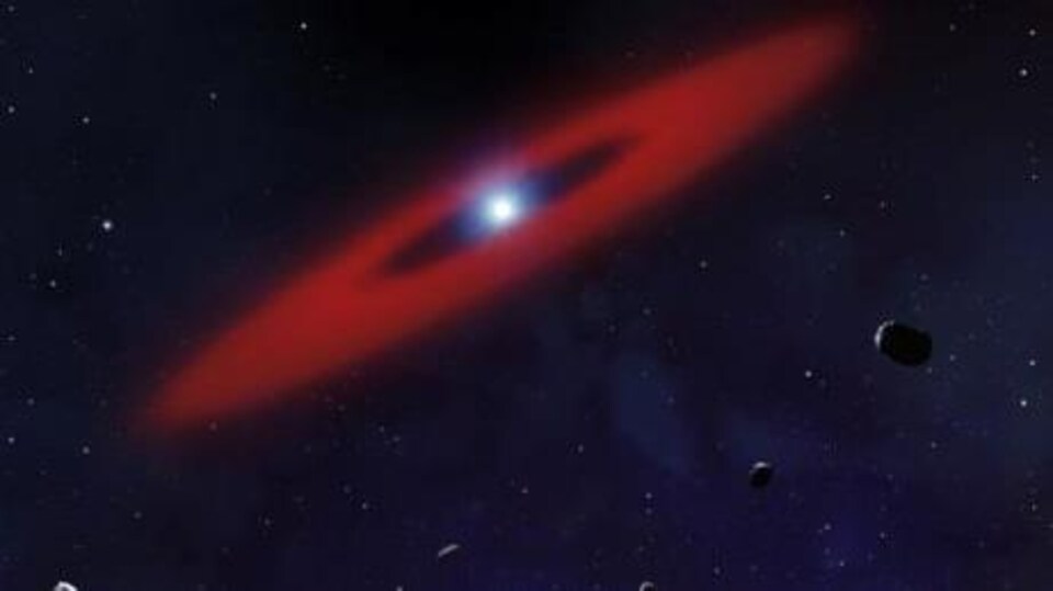 Représentation d’une partie d’un système planétaire en orbite autour d’une étoile naine (le point blanc au centre de l’anneau rouge).