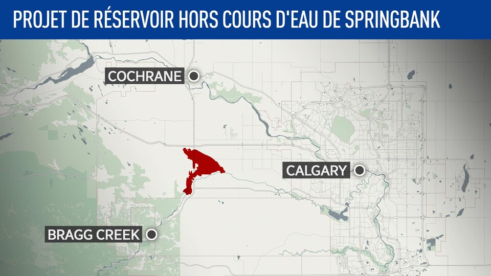 Carte du projet de réservoir, situé entre Cochrane, au nord, Bragg Creek au sud et Calgary à l'est.