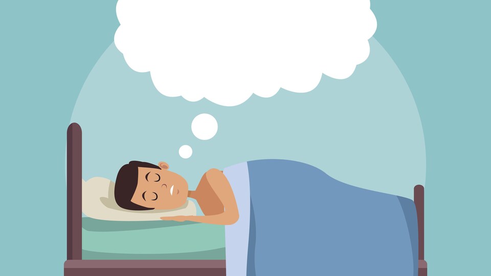 Illustration d'un homme dans son lit en train de rêver.