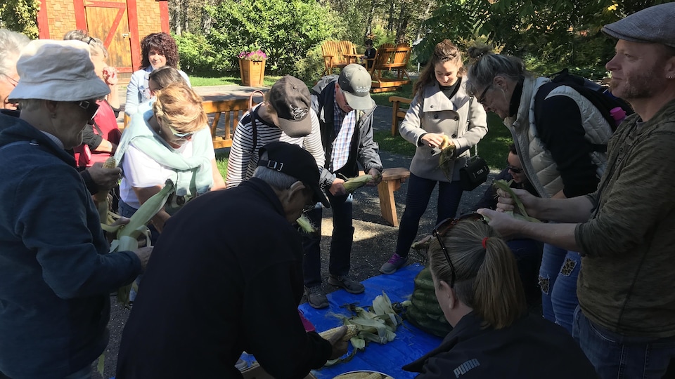 Des participants réunis autour d'une table extérieure épluchent des épis de maïs.