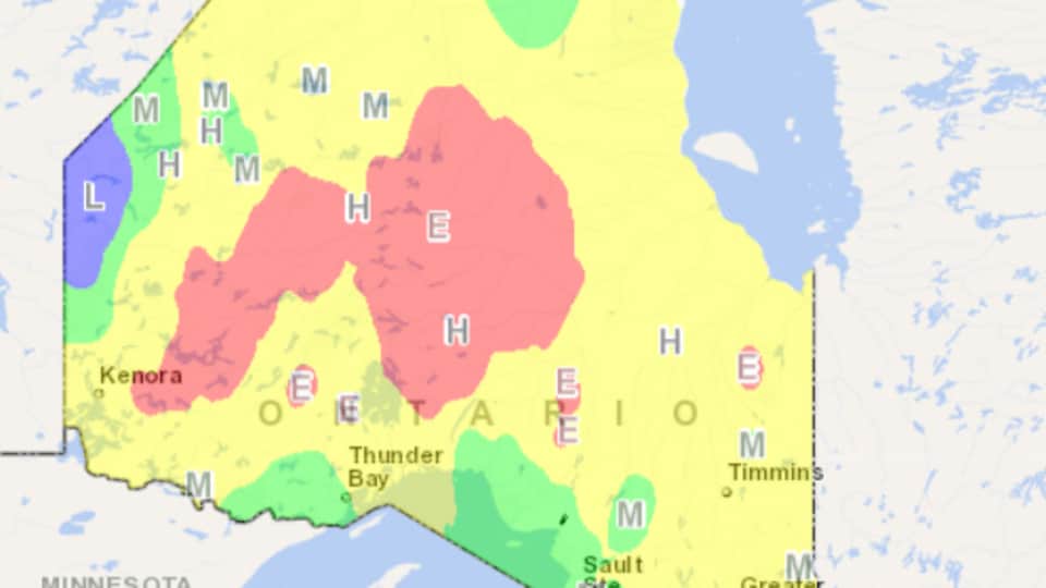 Une capture d'écran d'une carte montrant les risques de feux de forêt. 
