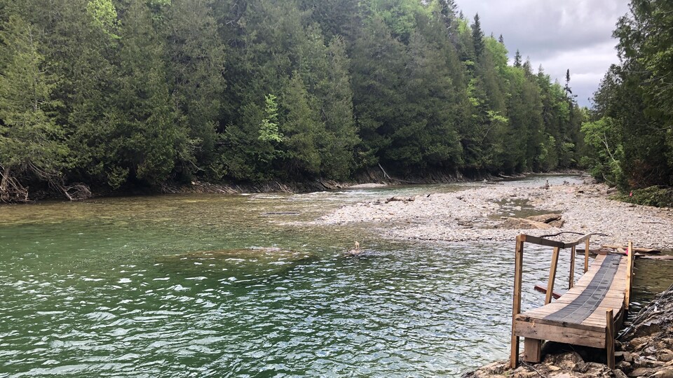 Un pont de bois permet de circuler le long de la rivière sans mettre les pieds dans l'eau.