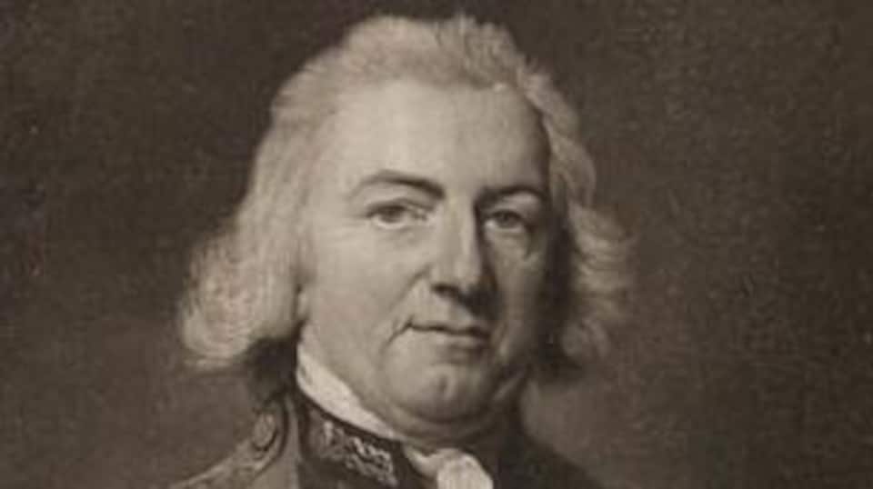 Copie en noir et blanc d'un portrait peint au 18e siècle d'un administrateur colonial britannique en uniforme, assis et avec la main droite rentrée entre les boutons de sa chemise, sur son ventre.