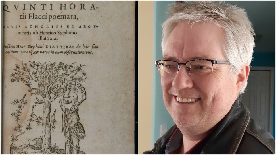 Portrait d'un homme  qui porte des lunettes à droite. À gauche, un livre ancien