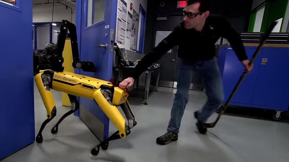 Un homme agrippant un robot chien par une partie de son postérieur.