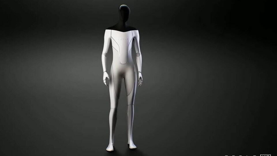 Un robot humanoïde noir et blanc sur un fond gris.