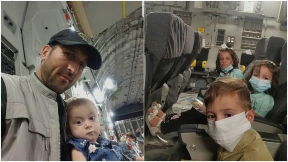 Rohuddin Zia et ses enfants dans l'avion militaire canadien qui leur a permis de quitter l'Afghanistan le 14 octobre.