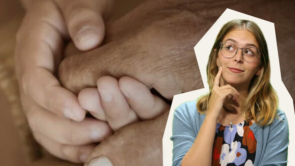 Montage de Rosalie devant des mains liées.