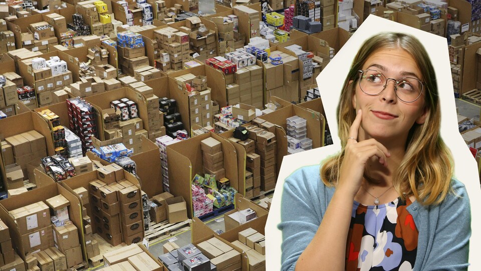 Un montage de Rosalie devant un entrepôt rempli de boites.