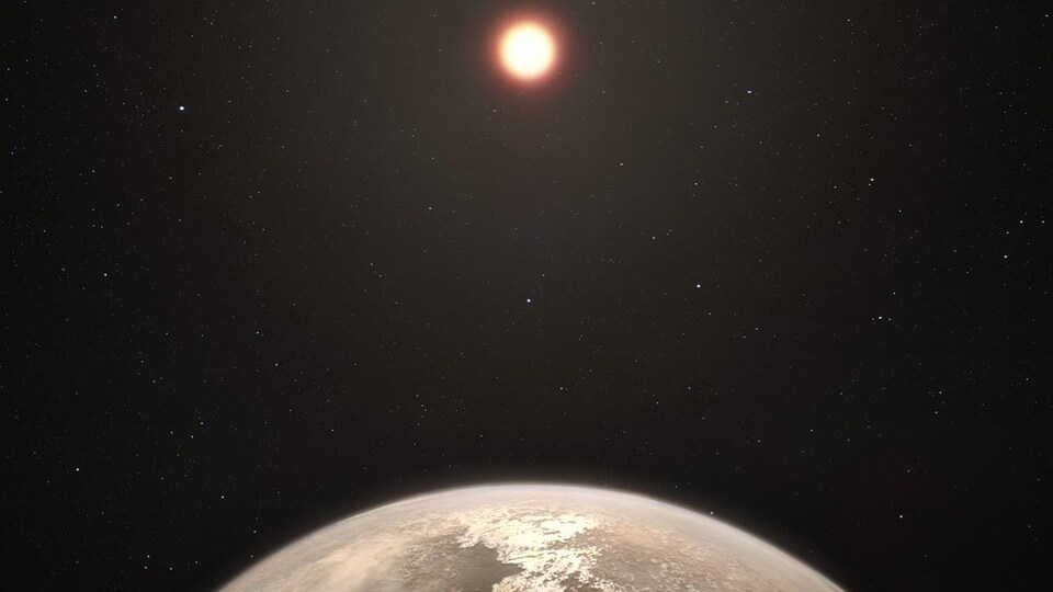 Illustration artistique montrant une planète en orbite autour de l'étoile similaire au Soleil HD 85512 dans la constellation australe de Vela.