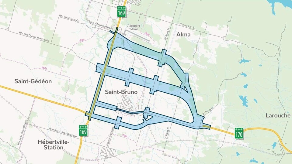 Carte présentant la bonification dans le projet de réfection de la R-70 à St-Bruno vers Alma.