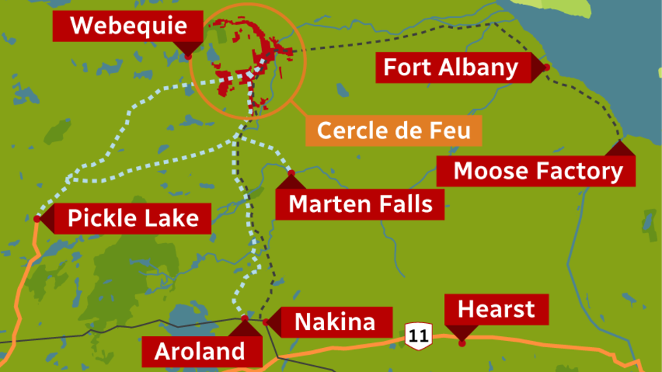 Une carte géographique qui montre l'emplacement du Cercle de feu et des Premières Nations environnantes.